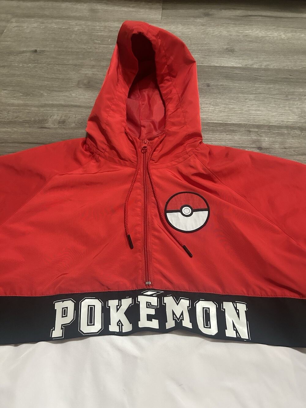 Pokemon Rain Jacket Red White Trainer Windbreaker Hooded Pullover Size XS